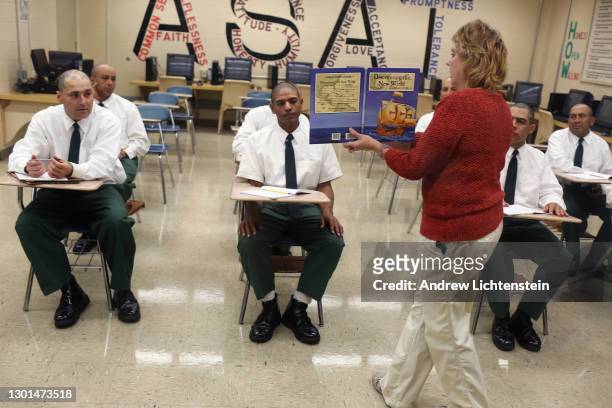 Prisoners attend school while serving their sentences at a "shock" camp prison run by the New York State Department of Corrections, in October of...