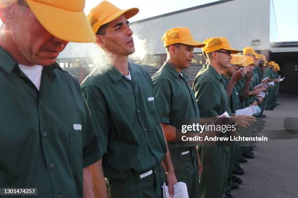 Prisoners serve their sentences at a "shock" camp prison run by the New York State Department of Corrections, in October of 2013 in rural Brocton,...