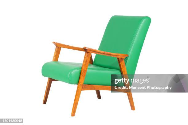 colorful green leather and wood armchair isolated in white background - sofa freisteller stock-fotos und bilder