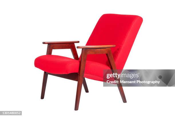 close-up of red leather and wood armchair isolated in white background - chair fotografías e imágenes de stock