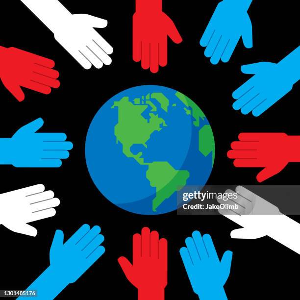 patriotic hands around globe - world democracy stock illustrations