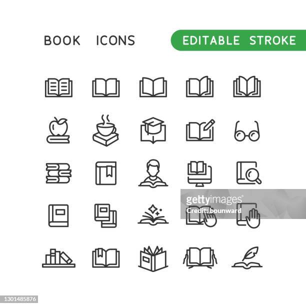 stockillustraties, clipart, cartoons en iconen met bewerkte lijn boeklijnpictogrammen - boek
