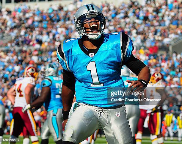 Carolina Panthers quarterback Cam Newton celebrates a rushing touchdown by running back Jonathan Stewart during third-quarter action. The Carolina...