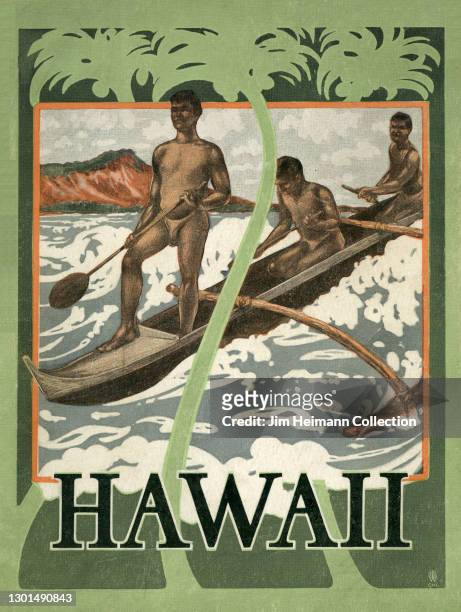 An informational book called Hawaii from 1903 features an illustration of three native Hawaiian men paddling an outrigger canoe at Waikiki Beach with...