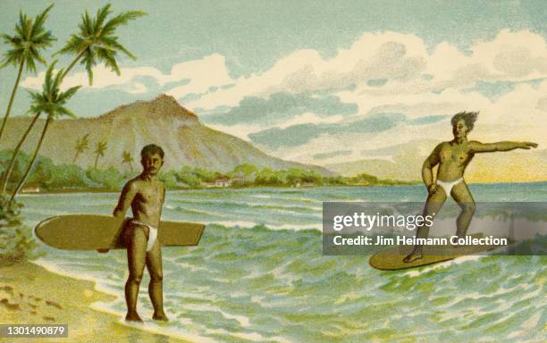 Souvenir postcard features an illustration of two native Hawaiian surfers on the beach at Waikiki with Diamond Head in the background, 1904.