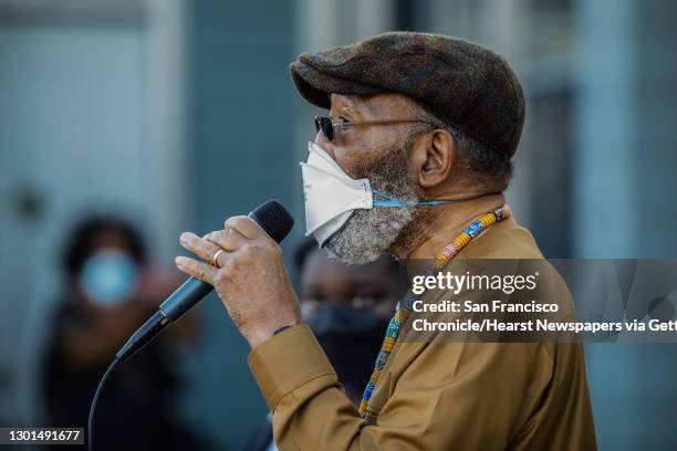 Reverend Amos Brown of Third Baptist Church, and president of the San Francisco chapter of the NAACP speaks during a press conference to address...