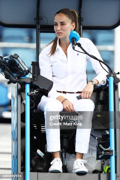 Chair umpire Marijana Veljovic is seen in her Women's Singles second round match between Karolina Muchova of Czech Republic and Mona Barthel of...