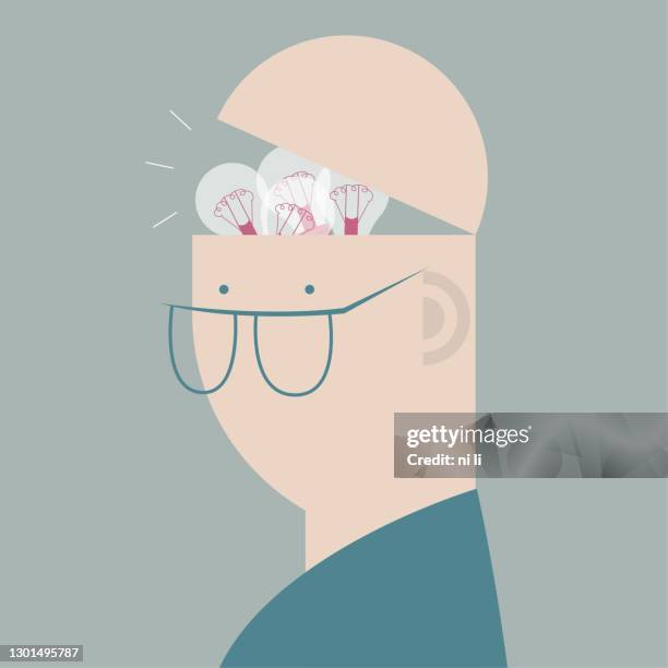 brain storm, brain wisdom. - glasses reflection man stock illustrations