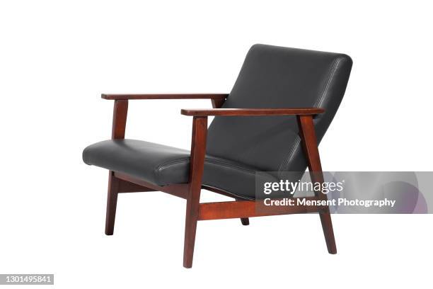 gray leather wood armchair isolated in white background - armchair isolated stock pictures, royalty-free photos & images