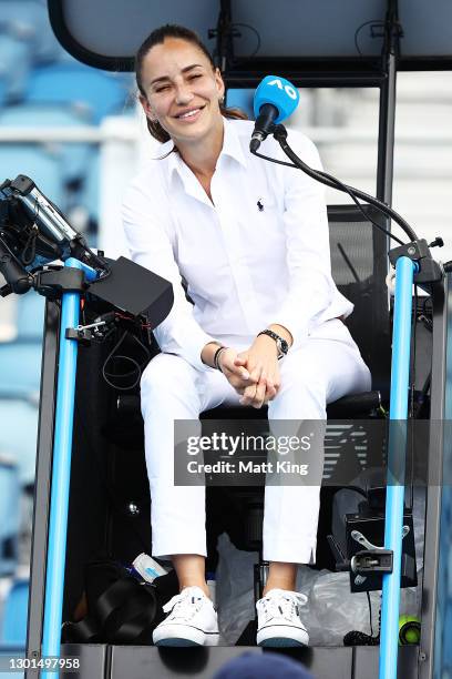 Chair umpire Marijana Veljovic is seen in her Women's Singles second round match between Karolina Muchova of Czech Republic and Mona Barthel of...