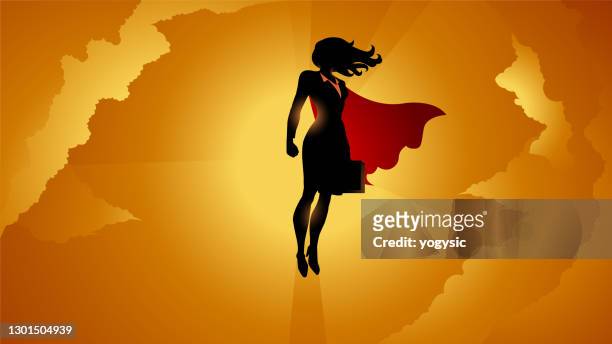 vektor weibliche superheld geschäftsfrau silhouette fliegen in den wolken stock illustration - frau sonne business stock-grafiken, -clipart, -cartoons und -symbole