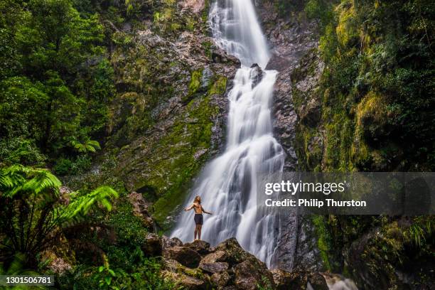 young man standing below waterfall, with green moss and dense rainforest environment - australian rainforest stock pictures, royalty-free photos & images