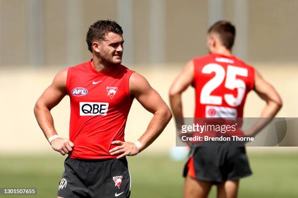 Tom Papley of the Swans looks on during a Sydney Swans AFL training session at Sydney Cricket Ground on February 11, 2021 in Sydney, Australia.
