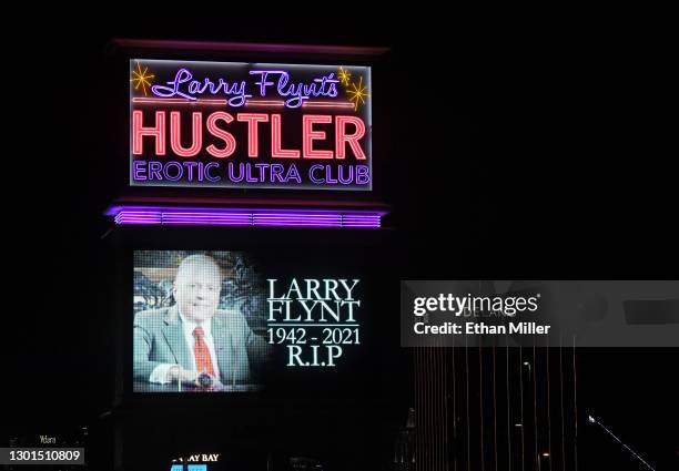 Sign at Larry Flynt's Hustler Club displays a tribute to publisher and Hustler magazine founder Larry Flynt, who died today in Los Angeles at age 78,...