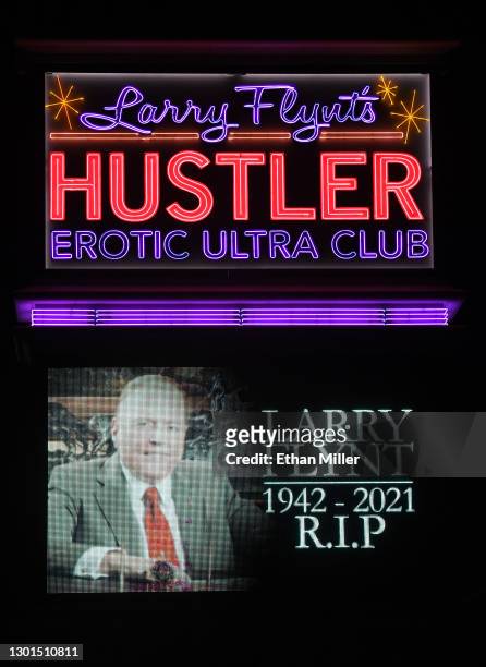 Sign at Larry Flynt's Hustler Club displays a tribute to publisher and Hustler magazine founder Larry Flynt, who died today in Los Angeles at age 78,...