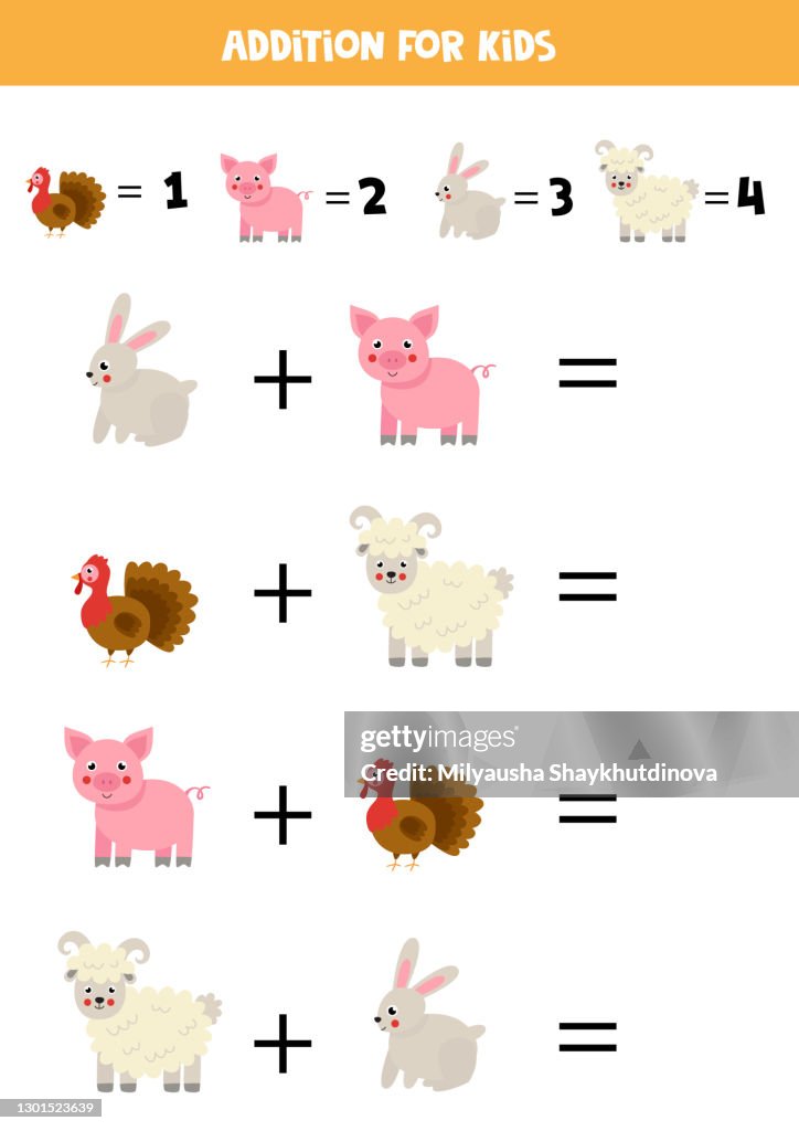Addition Game With Cute Cartoon Farm Animals Math Game For Kids High ...