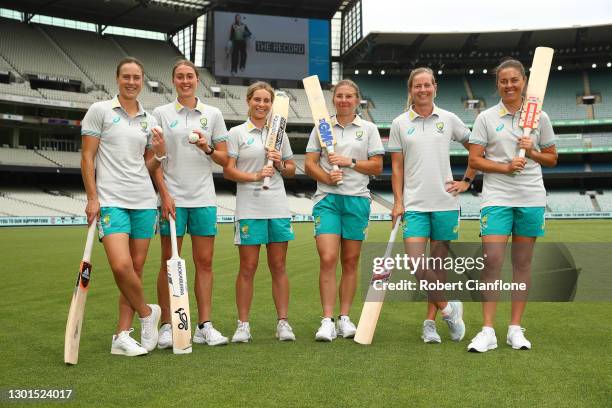 Members of the Australian Women’s Cricket Team Ellyse Perry, Tayla Vlaeminck, Georgia Wareham, Meg Lanning and Molly Strano pose with Co-producers...