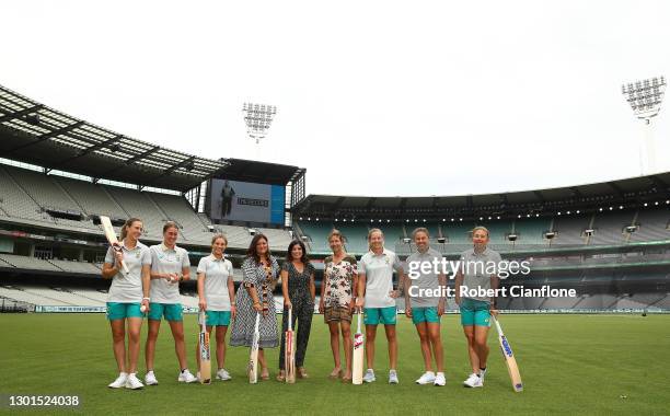 Members of the Australian Women’s Cricket Team Ellyse Perry, Tayla Vlaeminck, Georgia Wareham, Meg Lanning and Molly Strano pose with Co-producers...