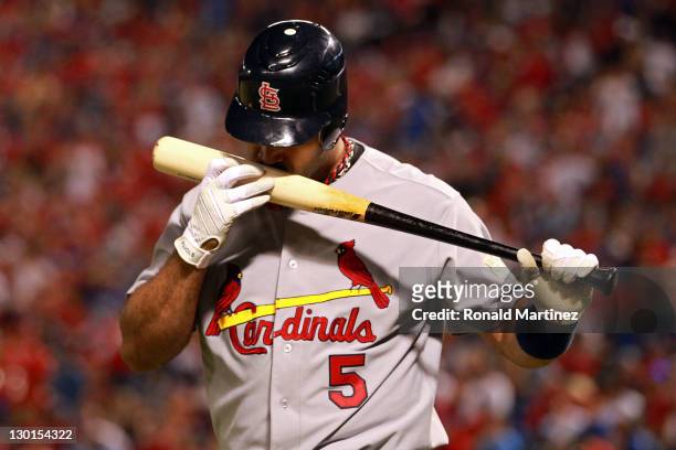 Albert Pujols of the St. Louis Cardinals at bat during Game Four of the MLB World Series against the Texas Rangers at Rangers Ballpark in Arlington...