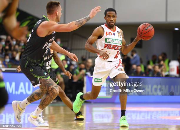 Bryce Cotton of the Wildcats dribbles the ball during the round five NBL match between the South East Melbourne Phoenix and the Perth Wildcats at the...