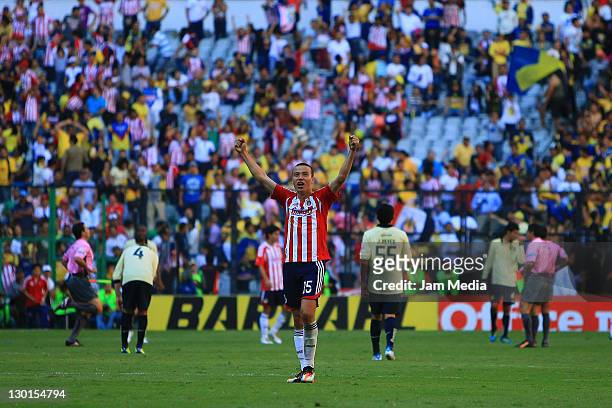 Erick Torres of Chivas celebrates during a match as part of the Apertura 2011 at Aztecca Stadium on October 23, 2011 in Mexico City, Mexico.