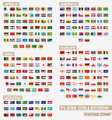 Postage stamp with flags of the world. Set of 228 world flag.
