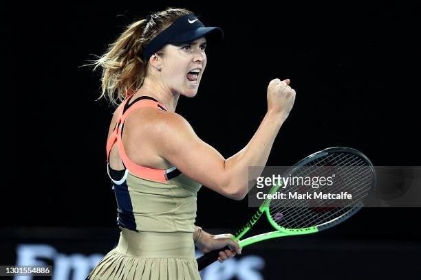 Elina Svitolina of Ukraine celebrates after winning the first set in her Women's Singles second round match against Coco Gauff of the United States...