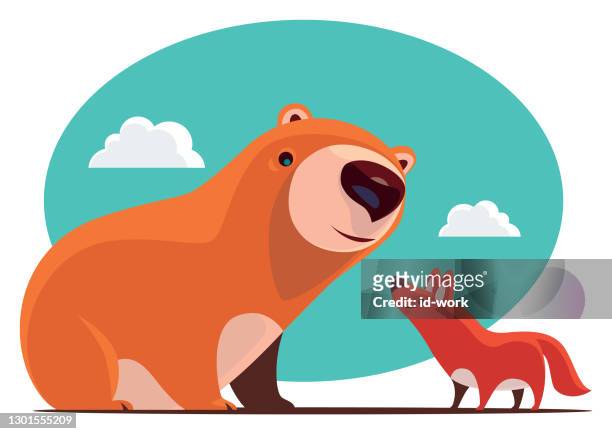 cheerful bear meeting wolf - bear standing vector stock illustrations