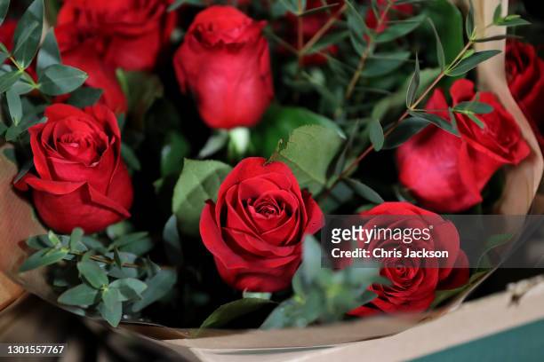 Flowers are seen at New Covent Garden Market early in the morning on February 11, 2021 in London, England. New Covent Garden market is the largest...
