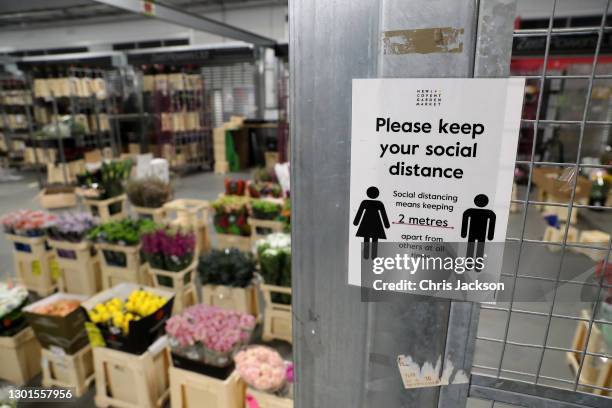 Social distancing signage is seen at New Covent Garden Market early in the morning on February 11, 2021 in London, England. New Covent Garden market...