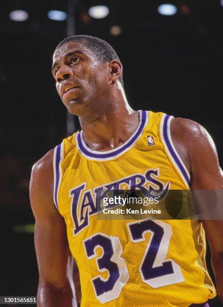 Earvin "Magic" Johnson, Shooting Guard and Power Forward for the Los Angeles Lakers during the NBA Pacific Division basketball game against the...