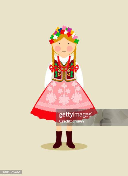 ilustraciones, imágenes clip art, dibujos animados e iconos de stock de traje nacional polaco para mujeres - traditional clothing