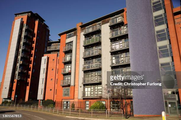 General view of the City Gate residential complex which has aluminium composite material cladding on February 11, 2021 in Manchester, England. The UK...