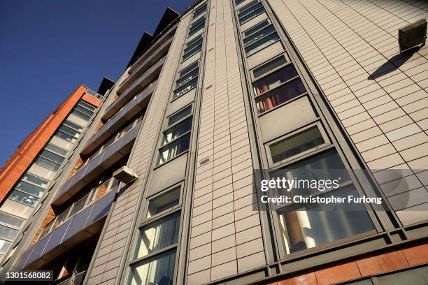 General view of the City Gate residential complex, which has aluminium composite material cladding on February 11, 2021 in Manchester, England. The...
