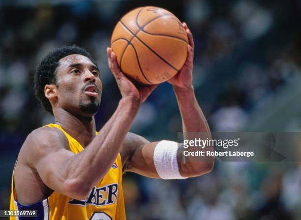 Kobe Bryant, Shooting Guard and Small Forward for the Los Angeles Lakers prepares to shoot a free throw during the NBA Pacific Division basketball...