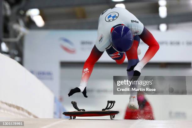 Matt Weston of Great Britain competes in his first run in Men's Skeleton during the IBSF World Championships 2021 Altenberg Men's Skeleton...