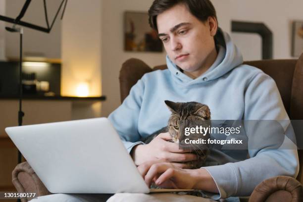 jonge mens die aan laptop werkt terwijl het strelen van zijn kat - cat laptop stockfoto's en -beelden