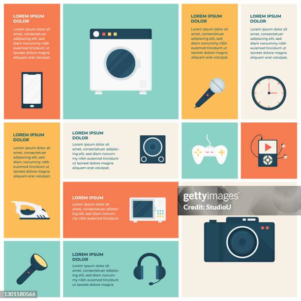 household appliances infographic grid flat design - clean microwave stock illustrations