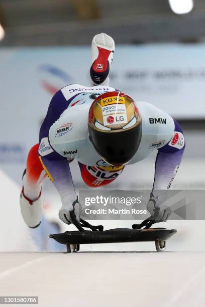 Yun Sungbin of South Korea competes in his first run in Men's Skeleton during the IBSF World Championships 2021 Altenberg Men's Skeleton competition...