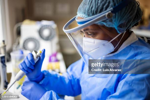 researcher working in a biochemist laboratory - black lab bildbanksfoton och bilder