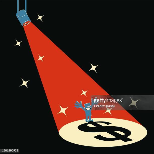 smiling businessman with the shadow which is in the form of a dollar sign (us currency) in the spotlight - black market stock illustrations