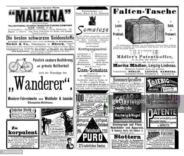 werbeblatt im deutschen magazin 1899 mit maizena, new york - kleinanzeige stock-grafiken, -clipart, -cartoons und -symbole