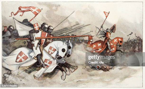 attack of the crusaders, johanniter - the crusades stock illustrations