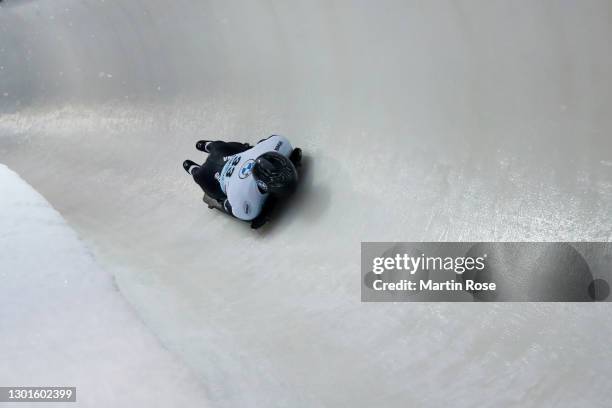 Akwasi Frimpong of Ghana competes in his first run in Men's Skeleton during the IBSF World Championships 2021 Altenberg Men's Skeleton competition at...