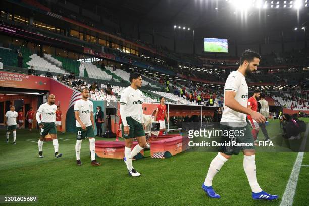 Luan Garcia of SE Palmeiras leads teammates Gustavo Gomez, Mayke and Felipe Melo out of the tunnel prior to the FIFA Club World Cup Qatar 2020 3rd...