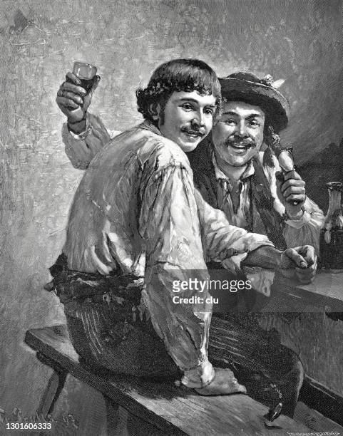 ilustrações de stock, clip art, desenhos animados e ícones de two happy revelers in the pub - amizade masculina