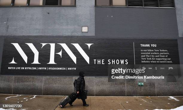 Signage outside of Spring Studios during February 2021 - New York Fashion Week: The Shows on February 11, 2021 in New York City.