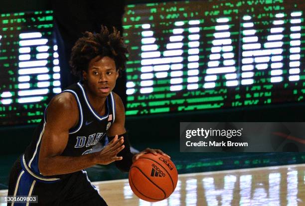 Steward of the Duke Blue Devils controls the ball against the Miami Hurricanes during the first half at Watsco Center on February 01, 2021 in Miami,...