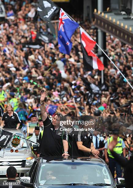 Steve Hansen, Assistant Coach of the All Blacks , John Afoa and Daniel Carter of the All Blacks celebrate during the New Zealand All Blacks 2011 IRB...