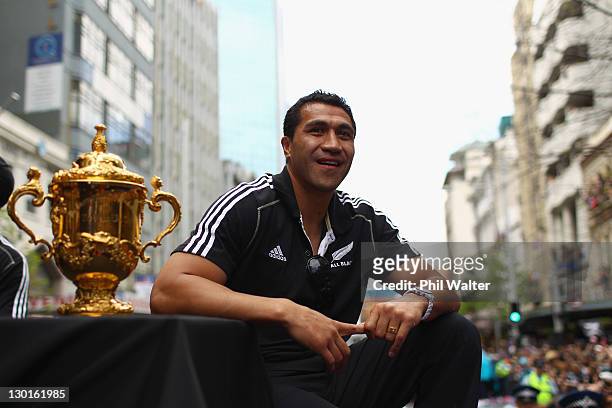 Mils Muliaina of the All Blacks during the New Zealand All Blacks 2011 IRB Rugby World Cup celebration parade on October 24, 2011 in Auckland, New...
